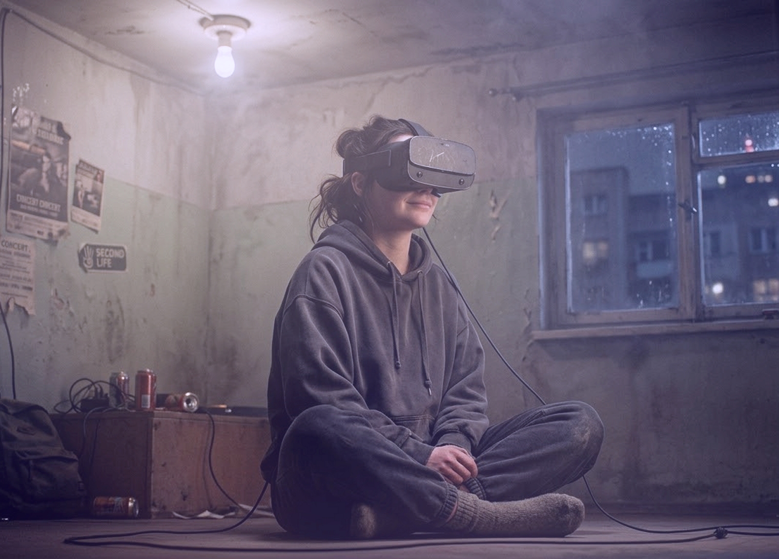 Symbolbild zur Metaverse-Abhängigkeit: Frau mit VR-Brille in einem tristen, dunklen Raum